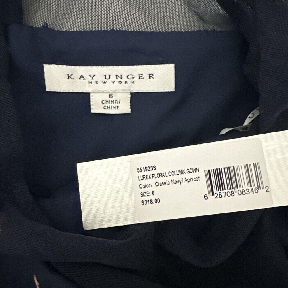 NWT $318 Kay Unger [ 6 ] Floral Jacquard Catrina 3D Bow‎ Gown Navy ApricotBlue - Picture 4 of 15